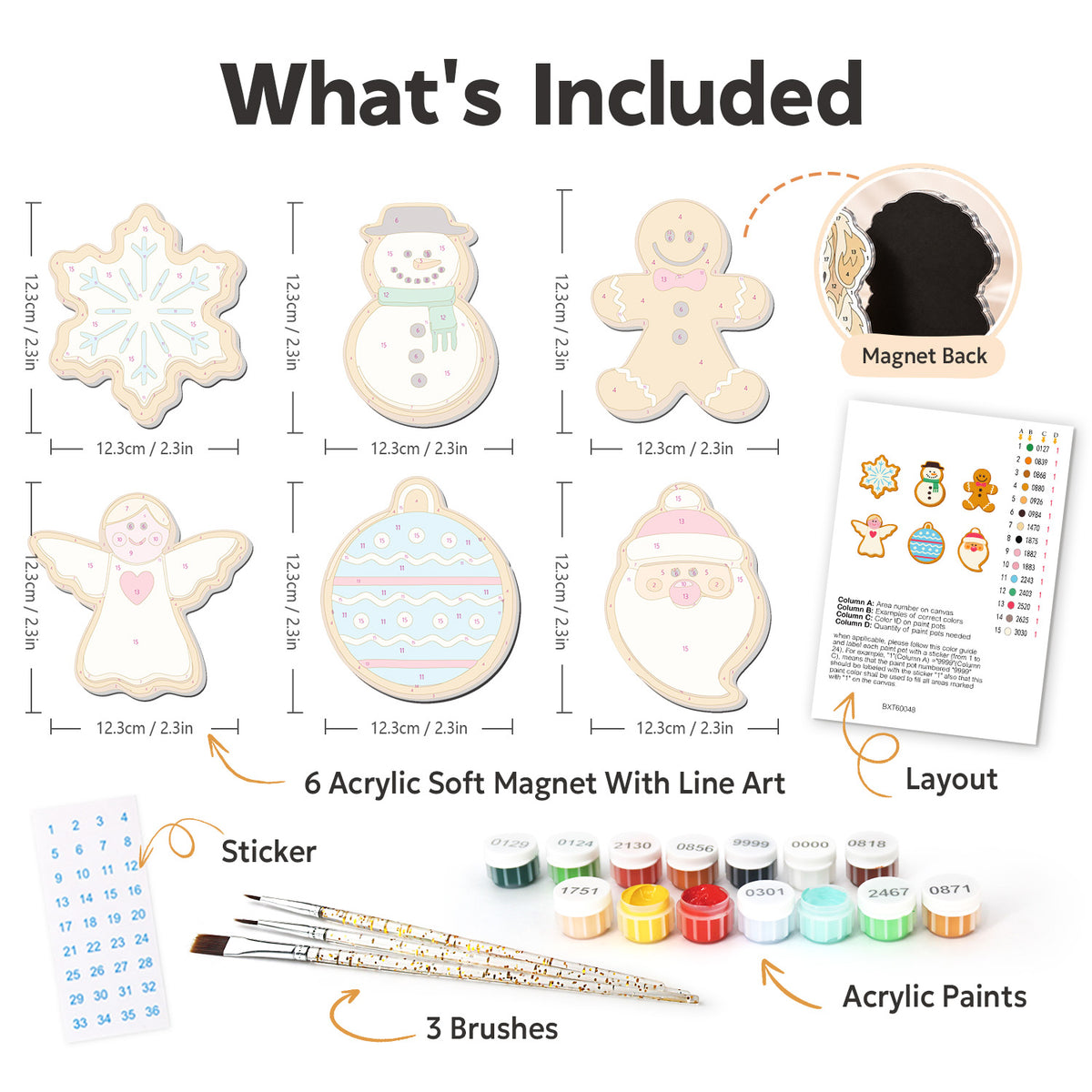 Angel and Snowman Sugar Cookies fridge magnets – what's in the kit: the 6 soft magnets, numbered paints, brushes, layout sheet and stickers