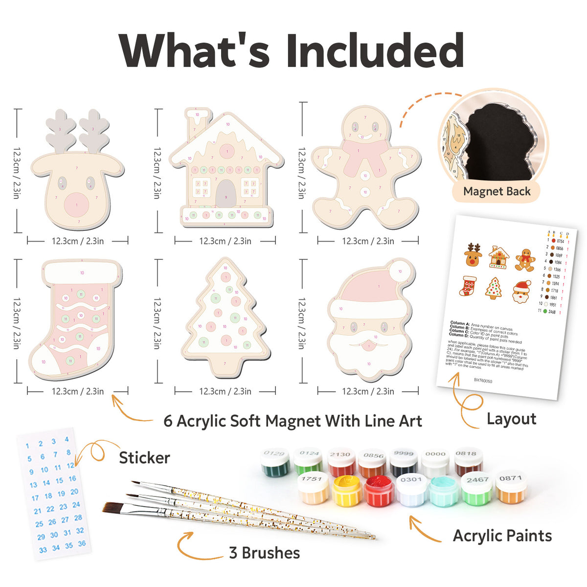Reindeer and Gingerbread House fridge magnets – what's in the kit: the 6 soft magnets, numbered paints, brushes, layout sheet and stickers