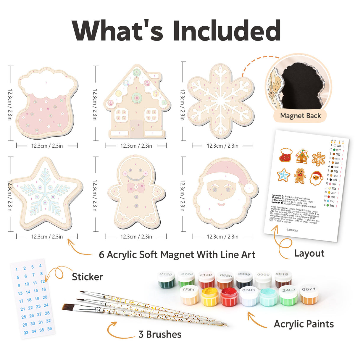 Gingerbread Man and Star Cookies fridge magnets – what's in the kit: the 6 soft magnets, numbered paints, brushes, layout sheet and stickers