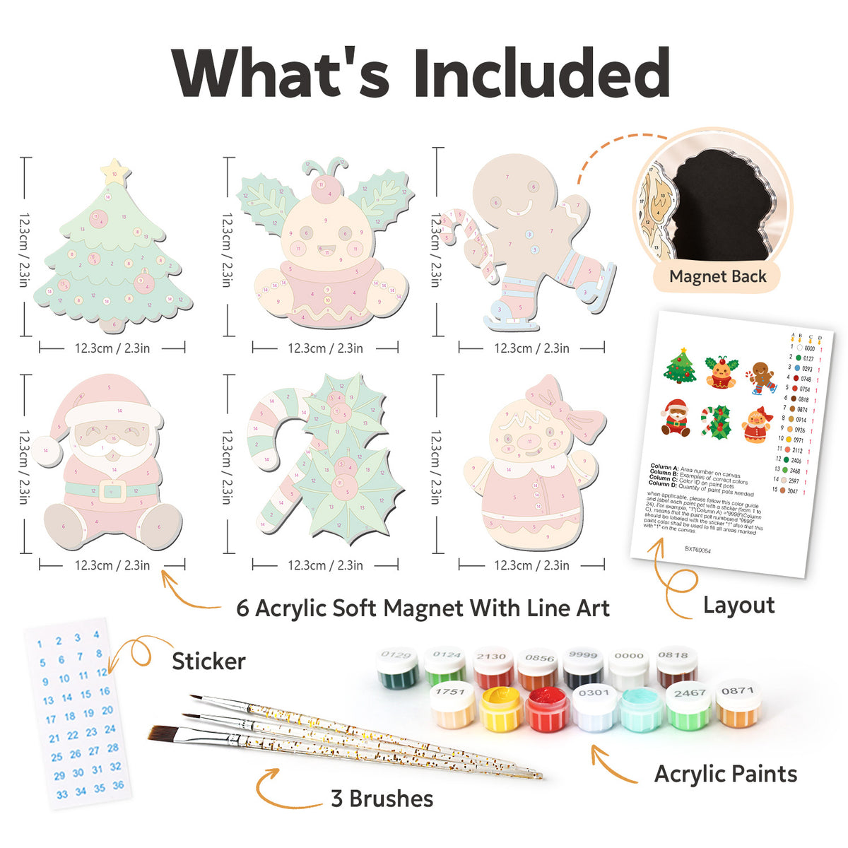 Skating Gingerbread and Santa fridge magnets – what's in the kit: the 6 soft magnets, numbered paints, brushes, layout sheet and stickers