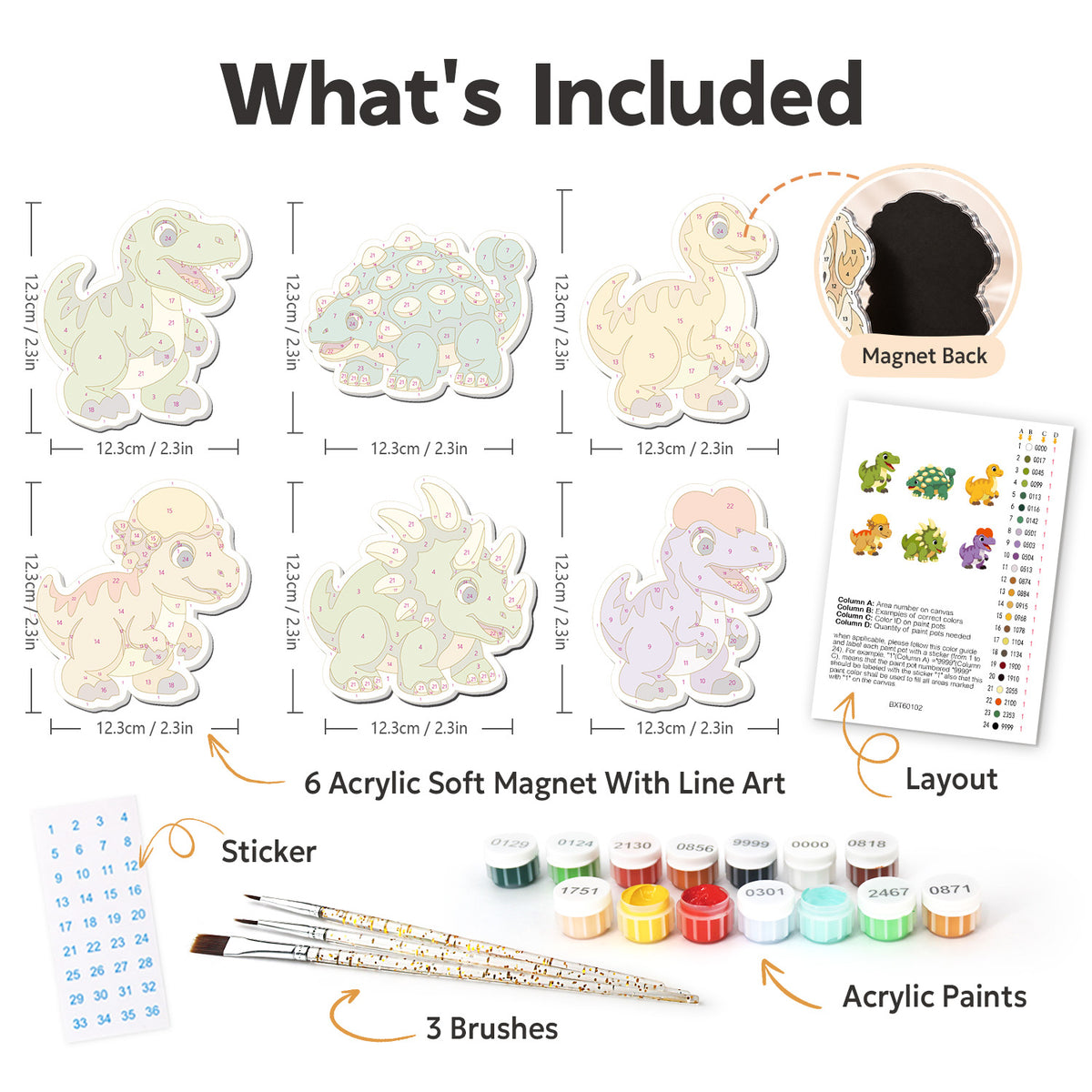 Spiky Ankylosaur and Rex Pals fridge magnets – what's in the kit: the 6 soft magnets, numbered paints, brushes, layout sheet and stickers
