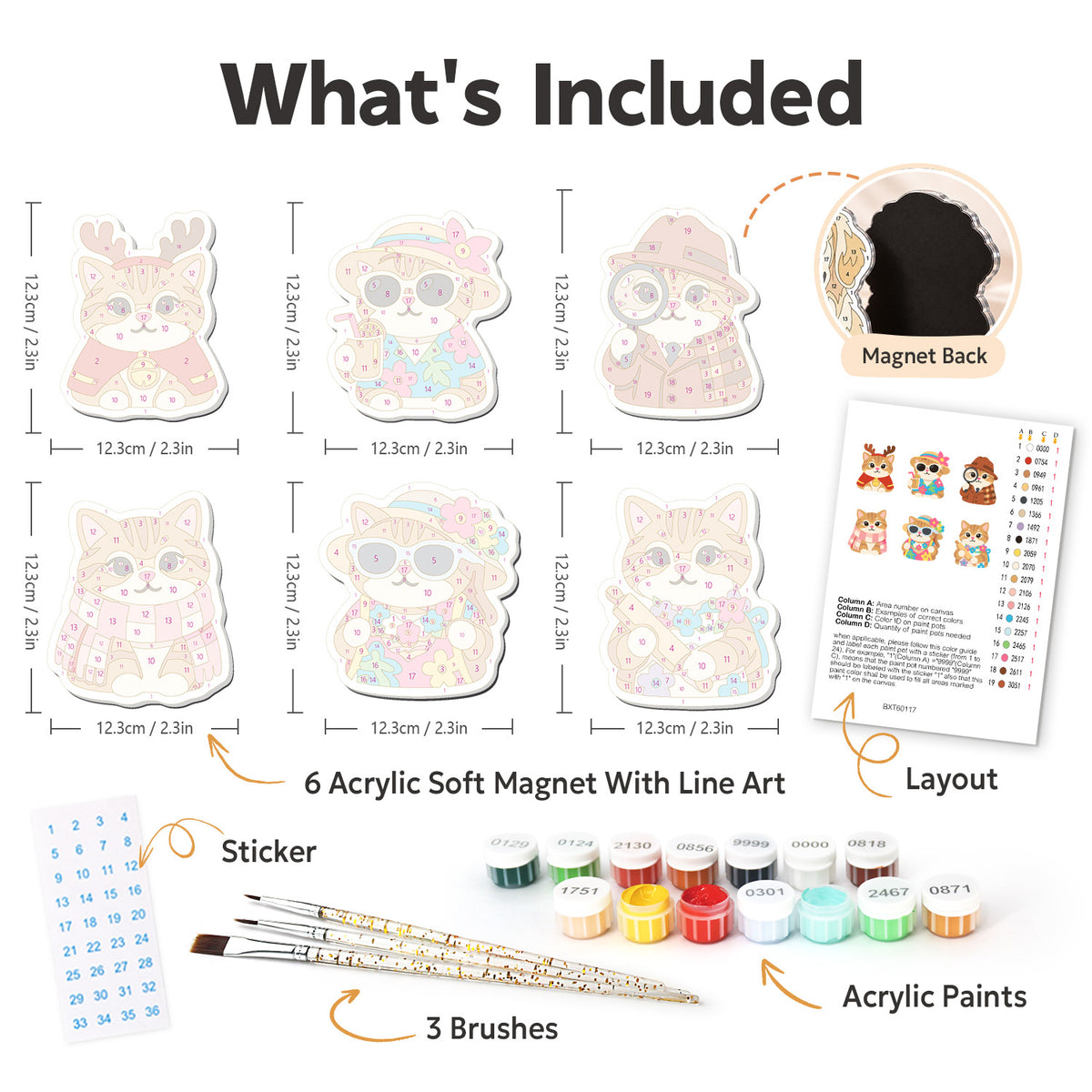 Ginger Tabby Wardrobe fridge magnets – what's in the kit: the 6 soft magnets, numbered paints, brushes, layout sheet and stickers