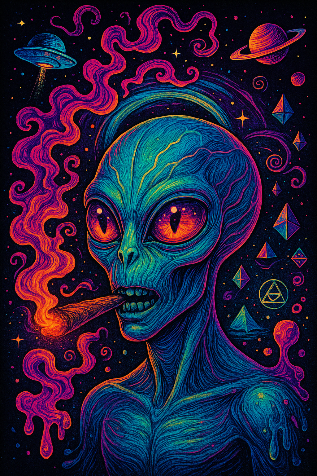 Alien with UFO and Planets