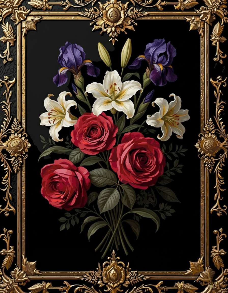 Roses & Lilies, Gold Frame (Diamond Painting) Diamond Painting kit