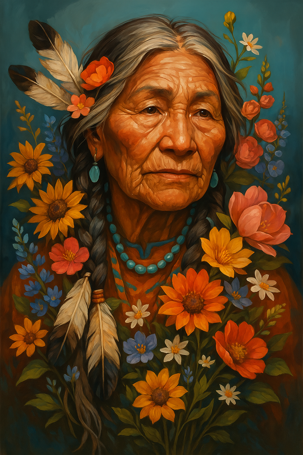 Indigenous Elder with Feathers and Wildflowers (Diamond Painting) Diamond Painting kit