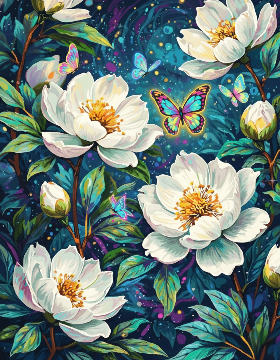 White Peonies, Neon Butterflies (Diamond Painting) Diamond Painting kit