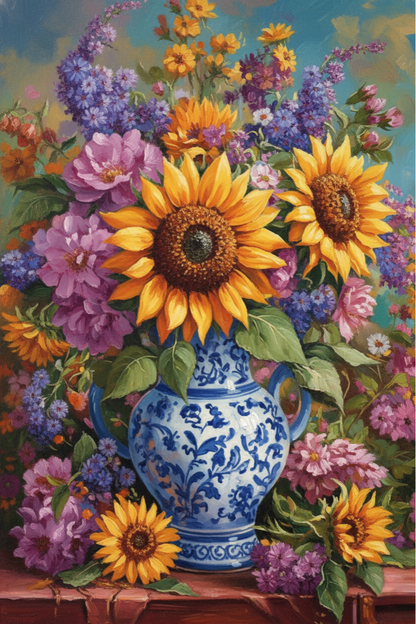 Sunflowers in Blue Vase (Diamond Painting) Diamond Painting kit
