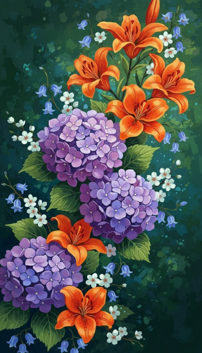 Hydrangea and Orange Lilies (Diamond Painting)