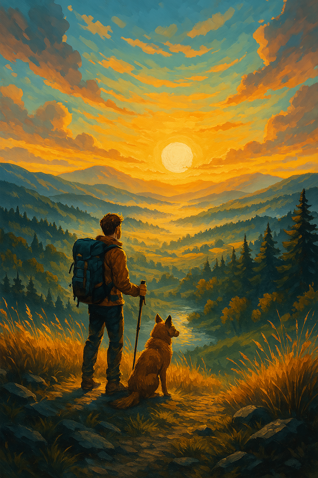 Hiker and dog at sunrise (Diamond Painting) Diamond Painting kit