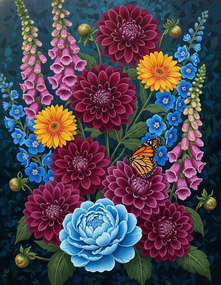 Dahlia Garden with Monarch (Diamond Painting) Diamond Painting kit
