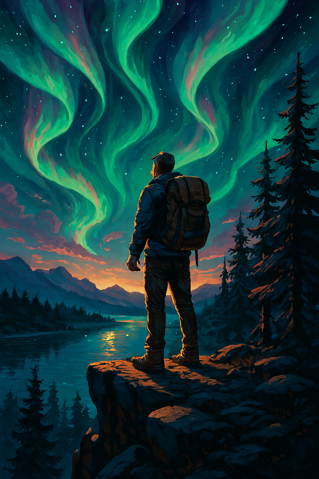 Hiker under northern lights (Diamond Painting) Diamond Painting kit