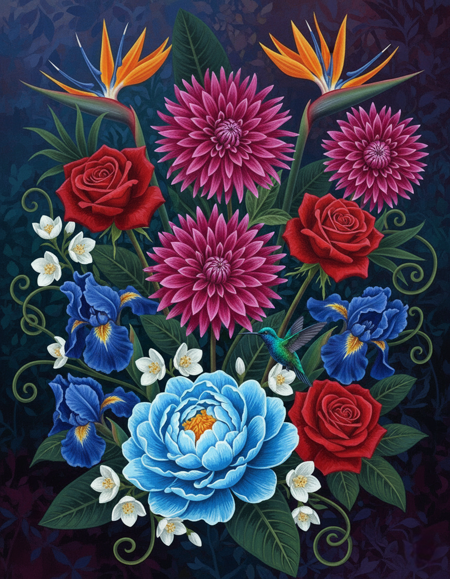Red Roses and Blue Peony (Diamond Painting) Diamond Painting kit