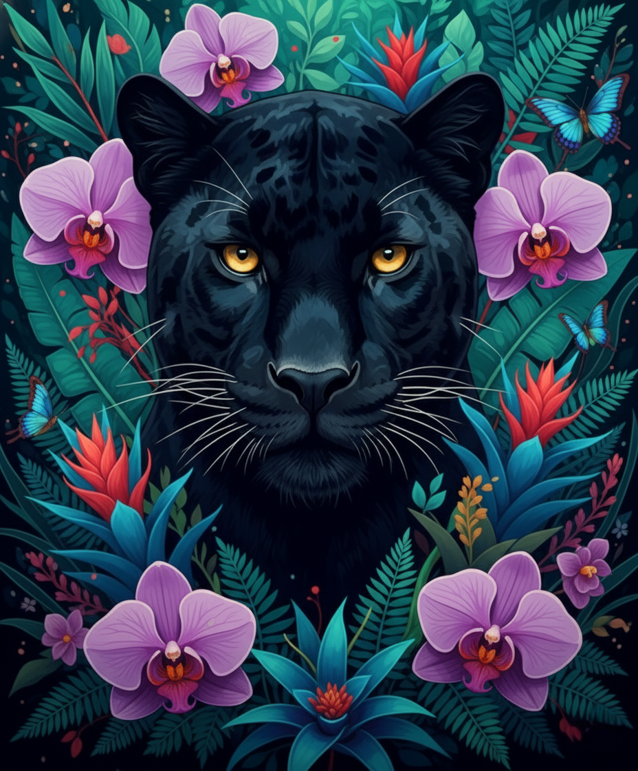Black Panther, Purple Orchids (Diamond Painting) Diamond Painting kit
