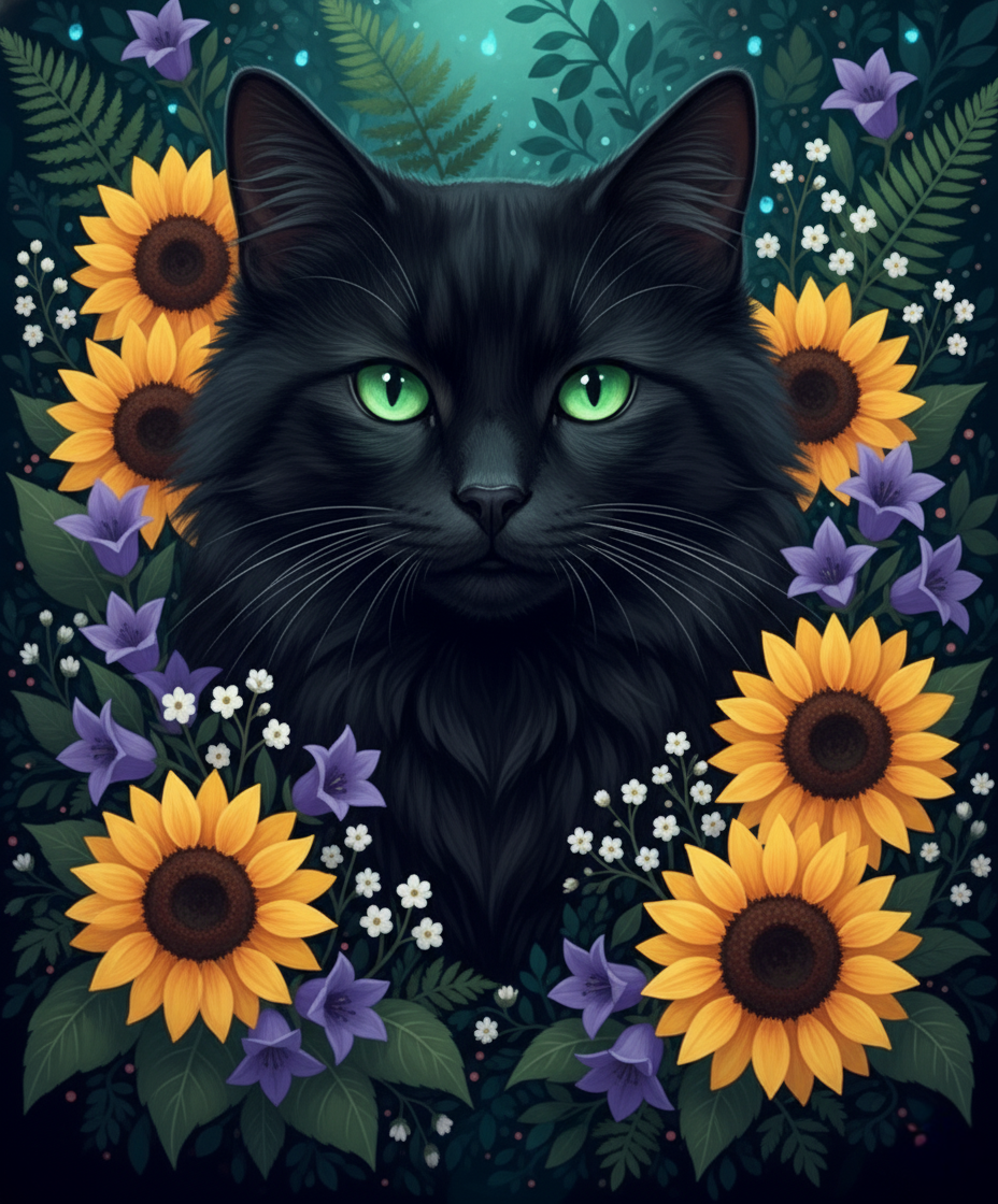 Black Cat, Sunflower Circle (Diamond Painting) Diamond Painting kit