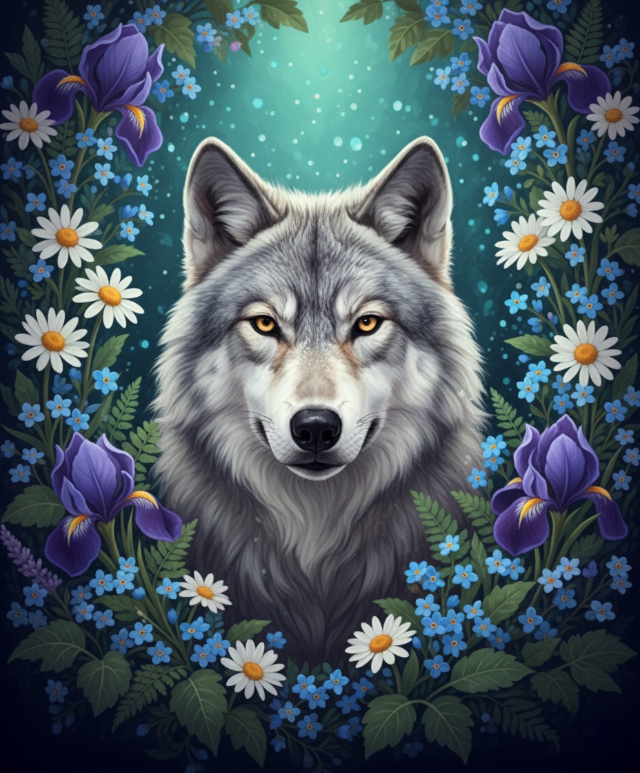 Grey Wolf in Floral Wreath (Diamond Painting) Diamond Painting kit