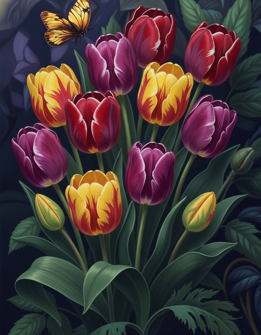 Tulip Bouquet, Gold Butterfly (Diamond Painting) Diamond Painting kit