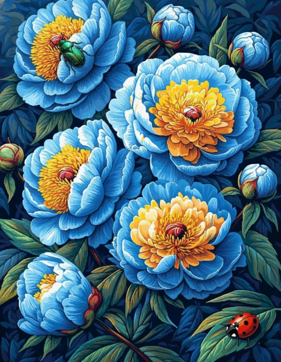 Peonies with Jewel Toned Bugs (Diamond Painting) Diamond Painting kit
