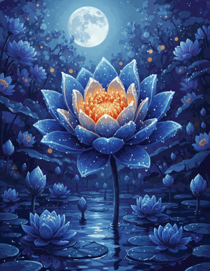 Blue Lotus Full Moon Pond (Diamond Painting) Diamond Painting kit