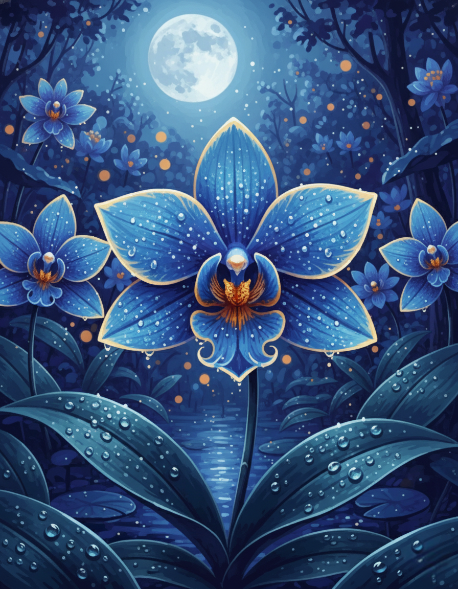 Blue Orchid Moonlit Forest (Diamond Painting) Diamond Painting kit