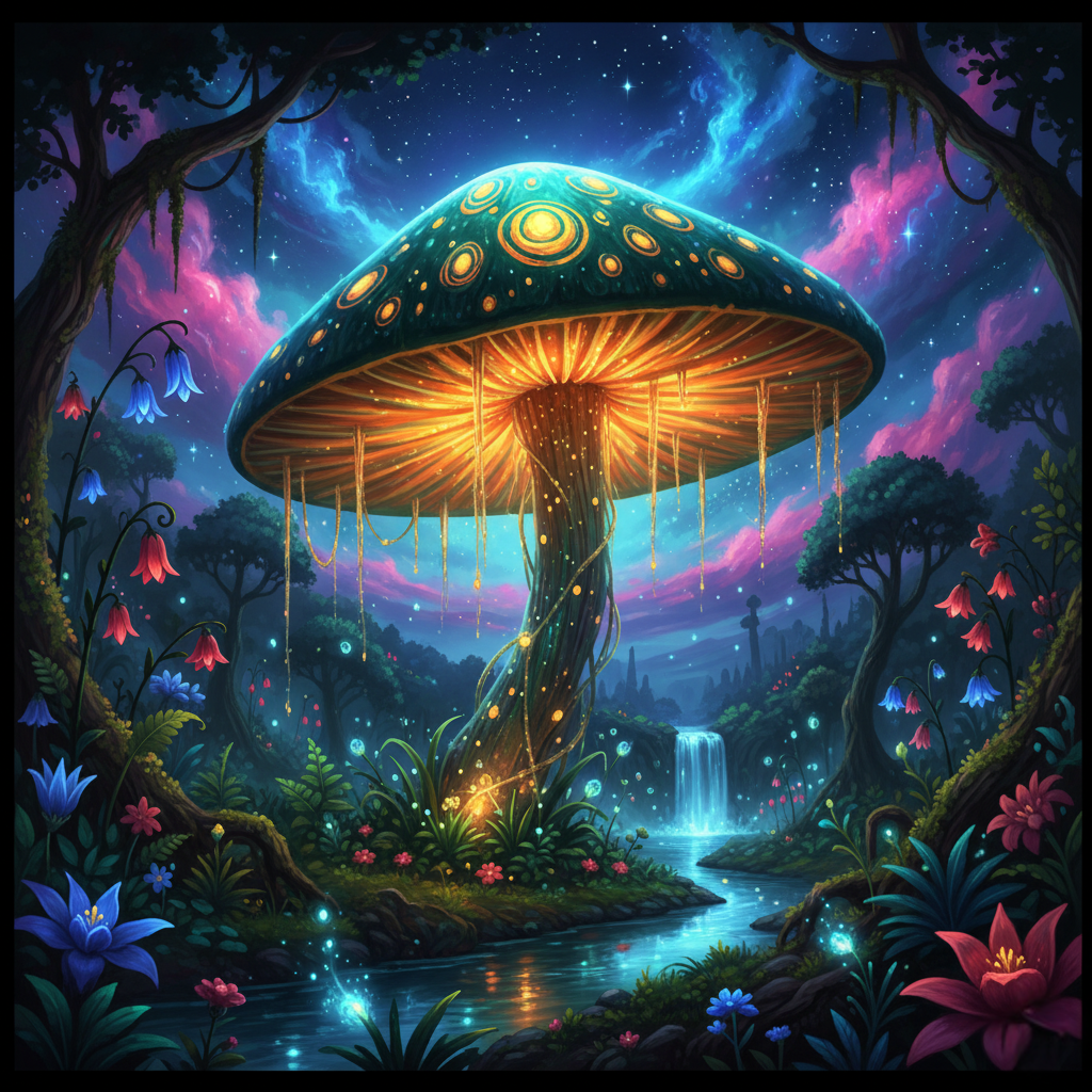 Glow Mushroom, Waterfall Night (Diamond Painting)