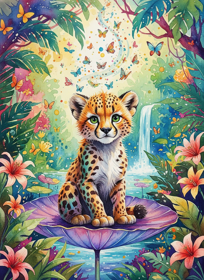 Cheetah Cub in Bloom (100 Color Diamond Painting)