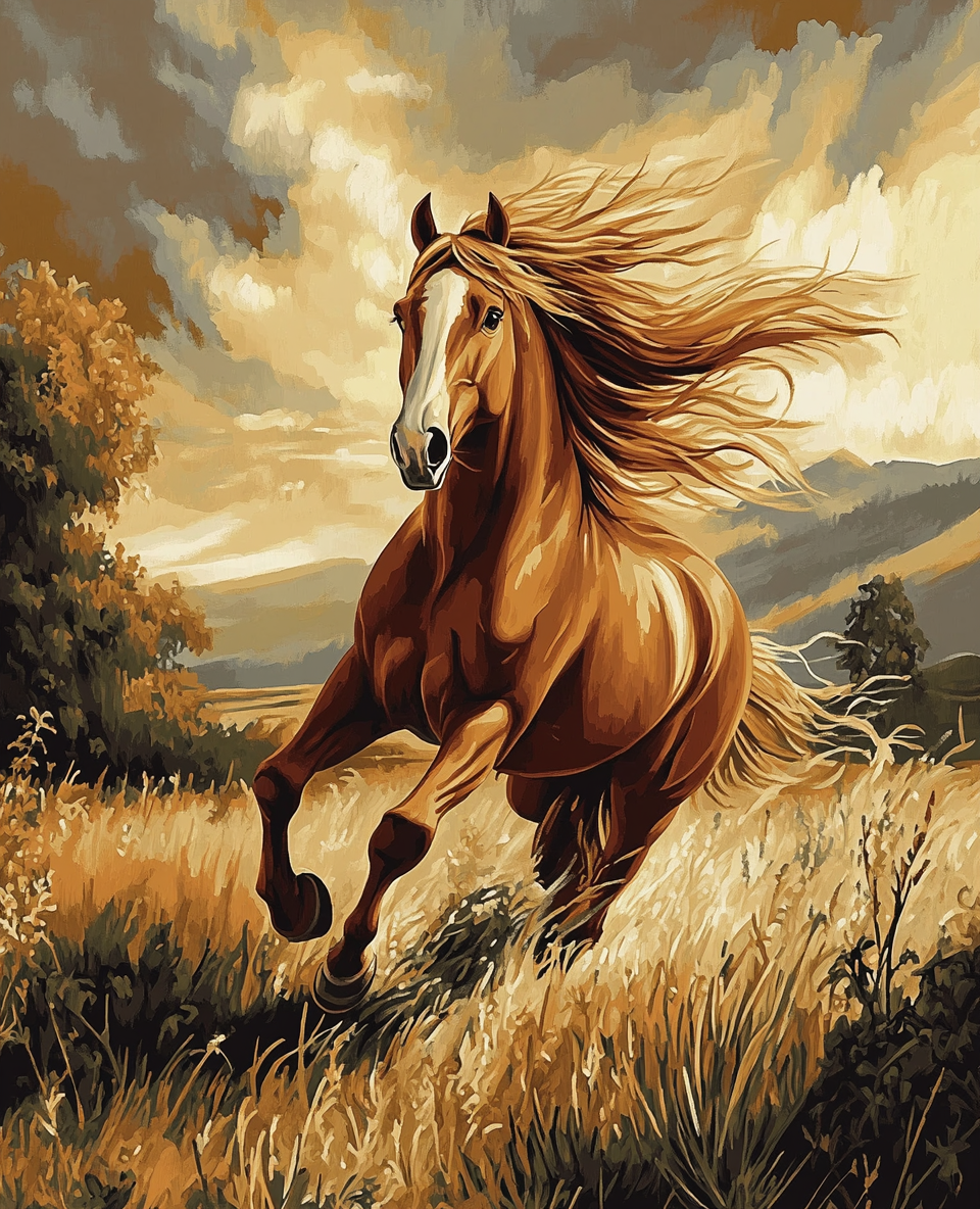 Brown Horse, Wind-Blown Field (Diamond Painting) Diamond Painting kit