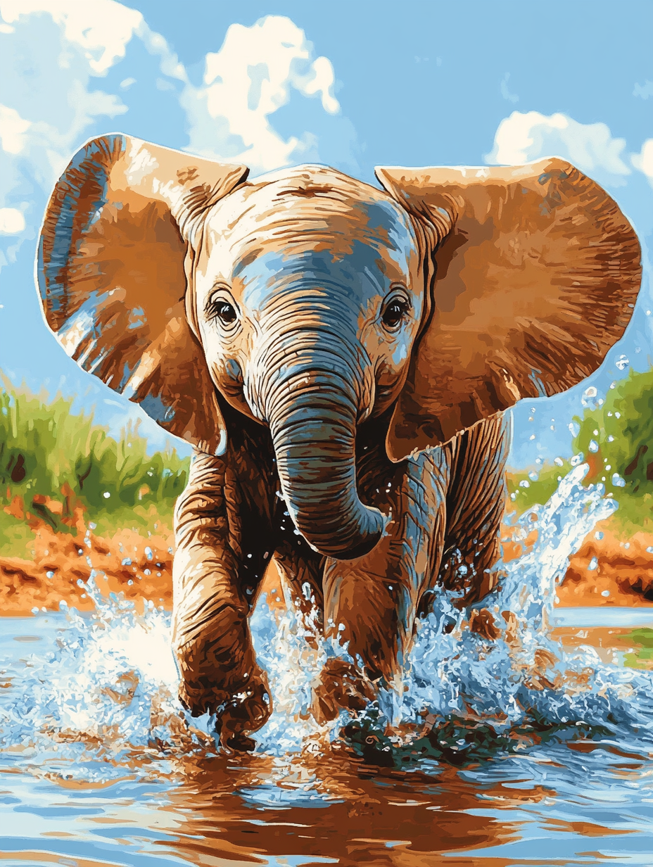 Baby Elephant, Water Splash (Diamond Painting) Diamond Painting kit