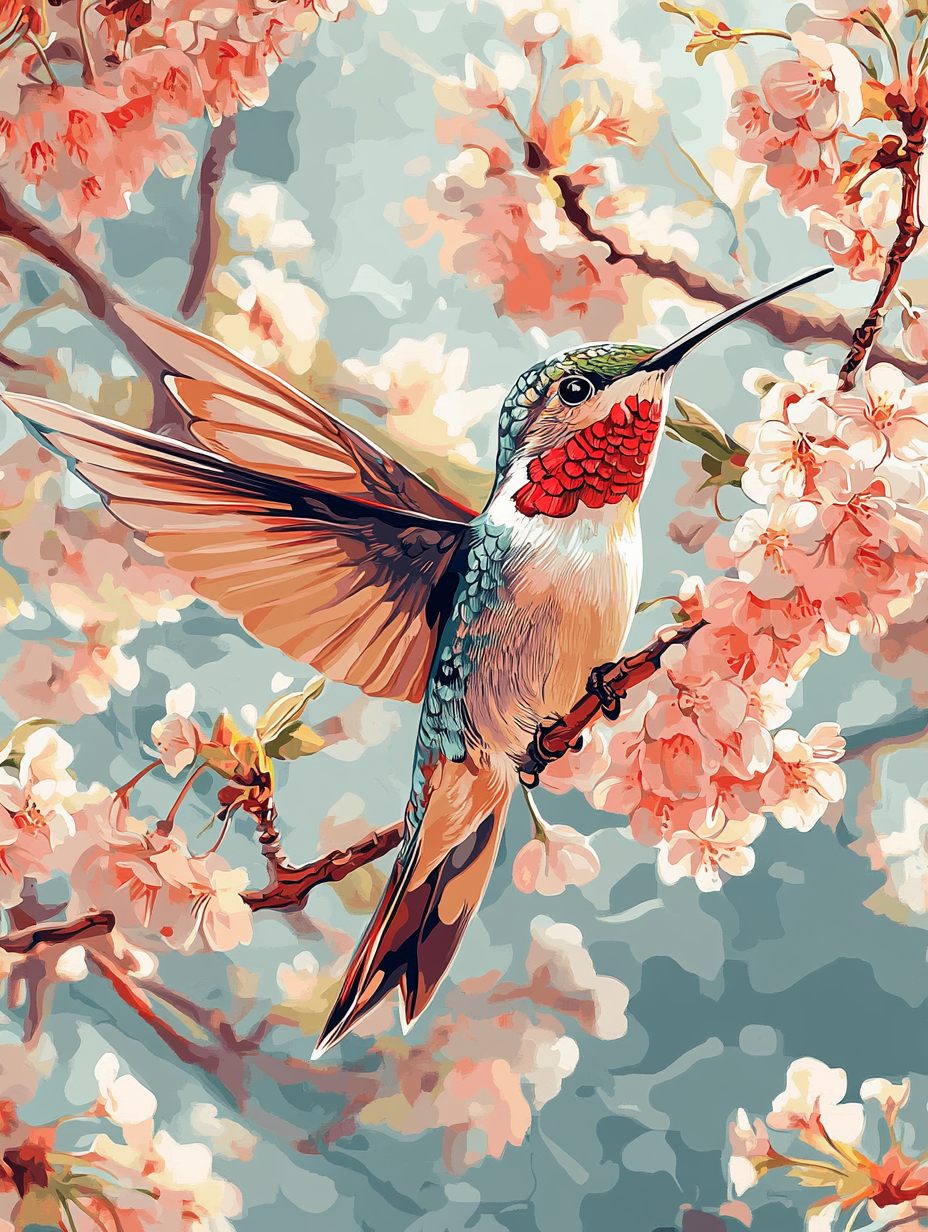 Hummingbird, Pink and White Bloom (Diamond Painting) Diamond Painting kit