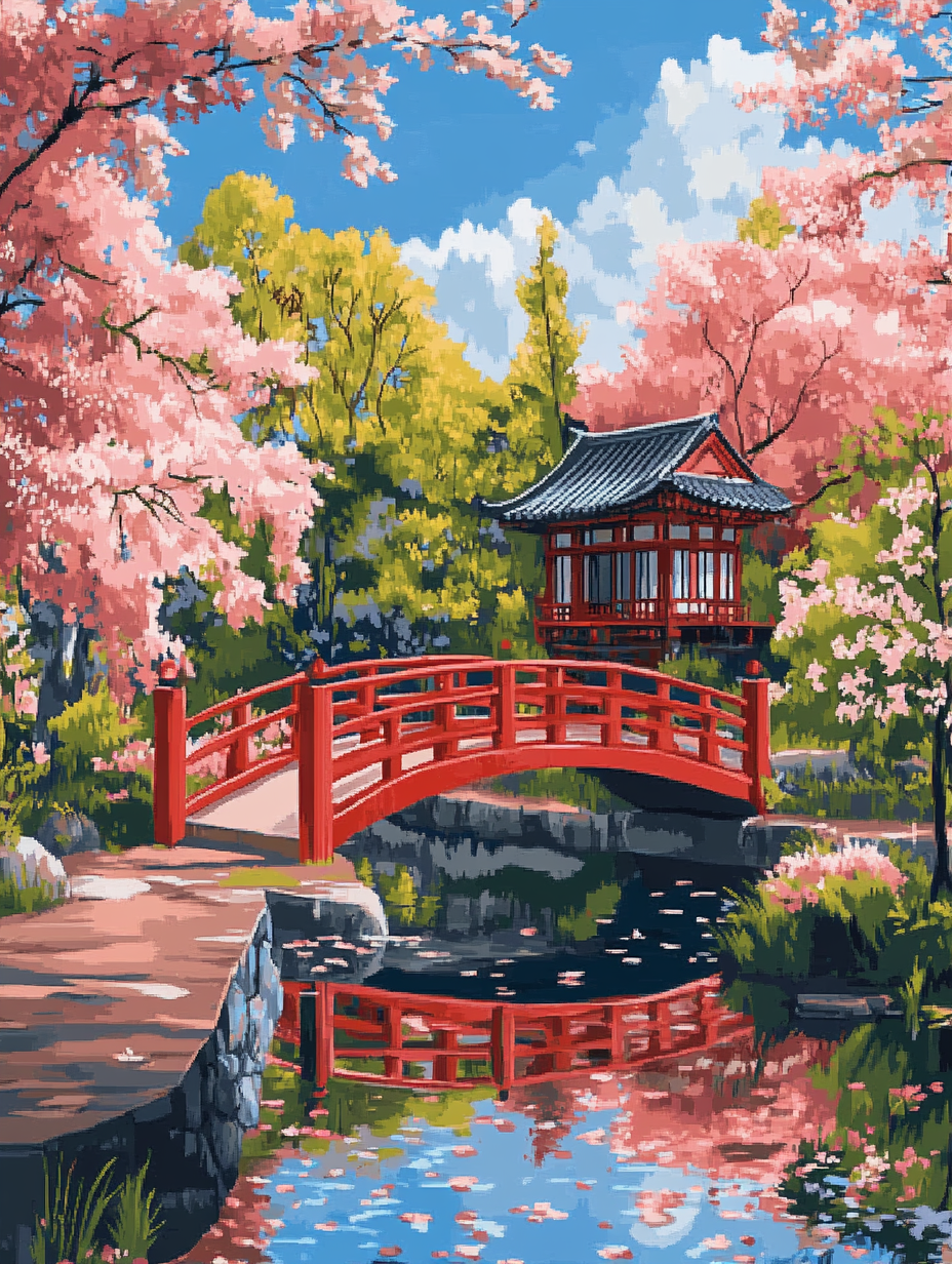 Sakura Temple, Water Reflection (Diamond Painting) Diamond Painting kit