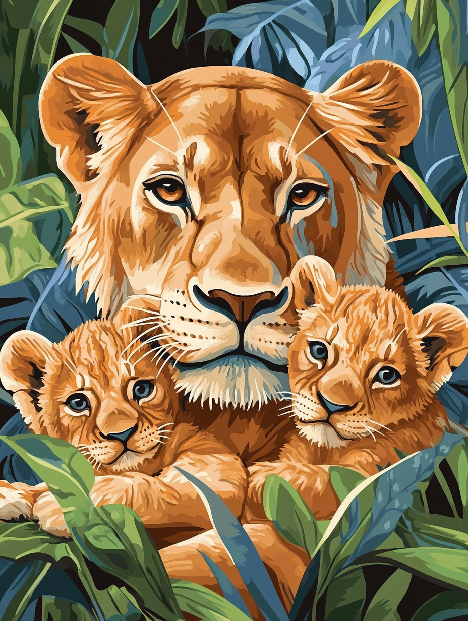 Lion Family, Lush Leaves (Board Canvas)