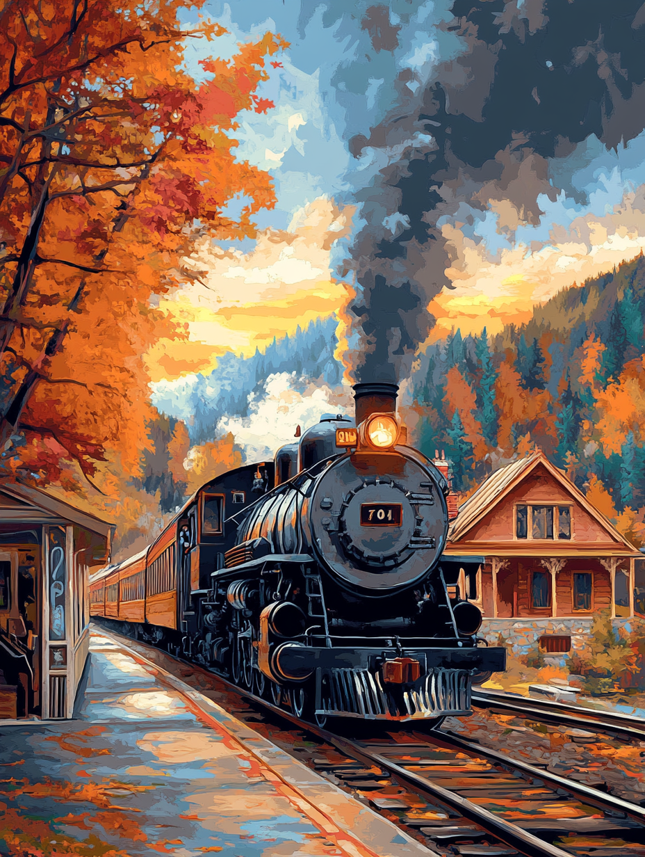 Train at Autumn Station (Board Canvas)
