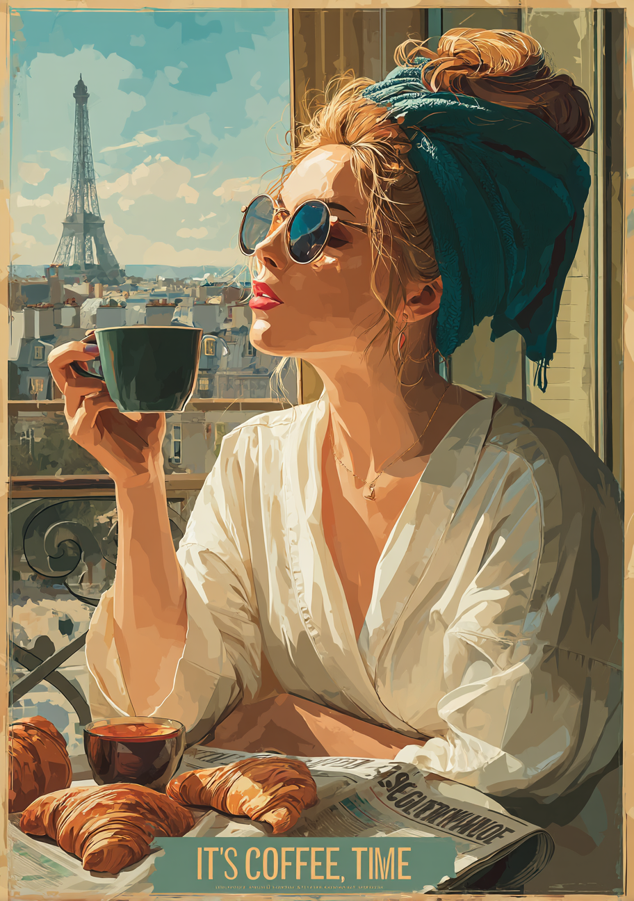 Lady, Coffee, Eiffel Tower View (Diamond Painting) Diamond Painting kit