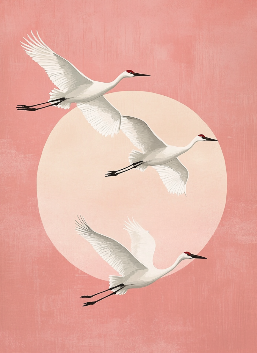 Three Cranes, Pink Sunset (Board Canvas)