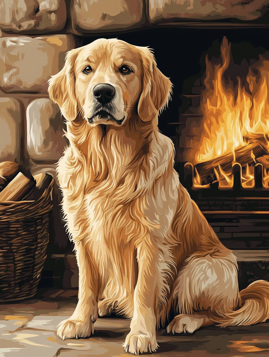 Golden Retriever, Fireplace Glow (Diamond Painting) Diamond Painting kit