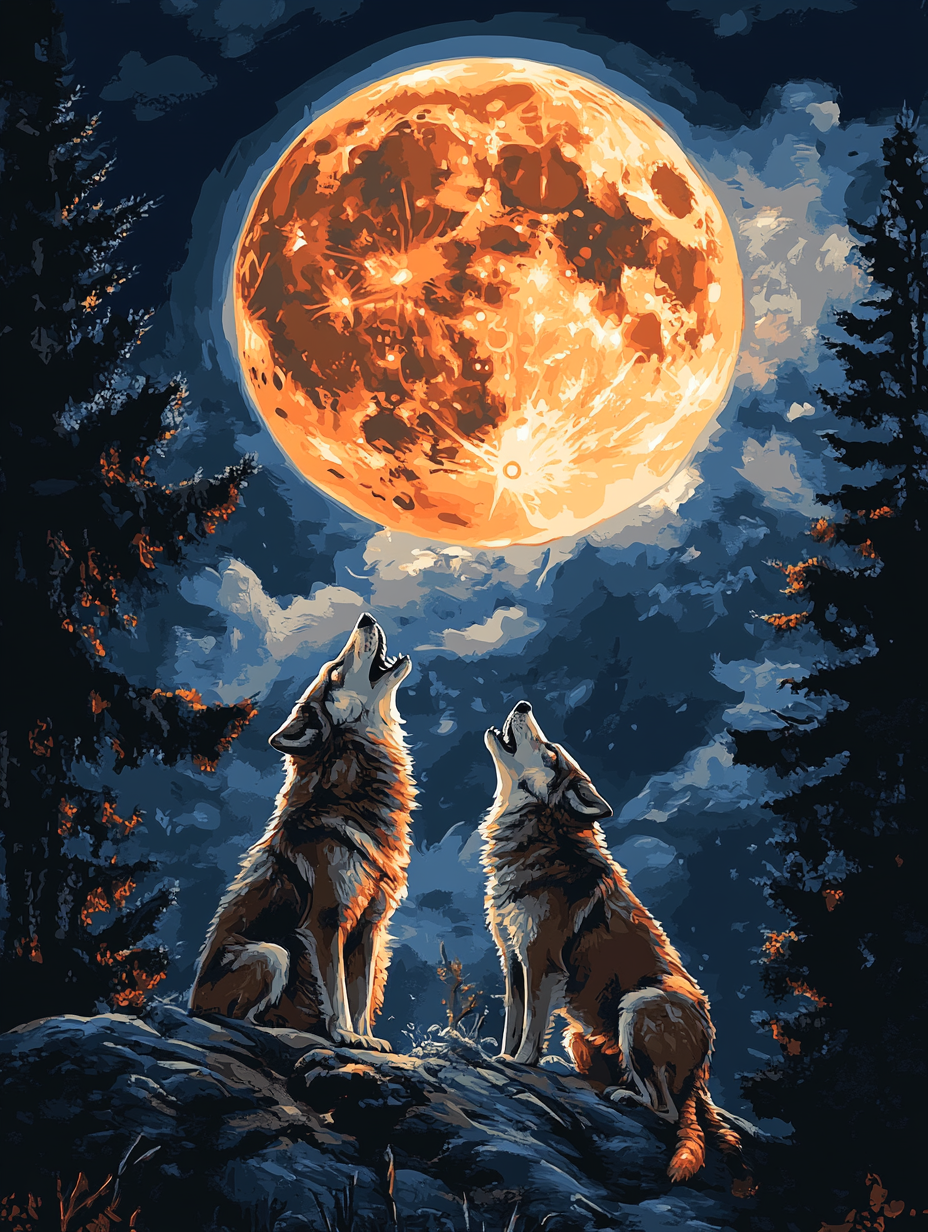 Wolves Howling, Orange Moon (Diamond Painting) Diamond Painting kit