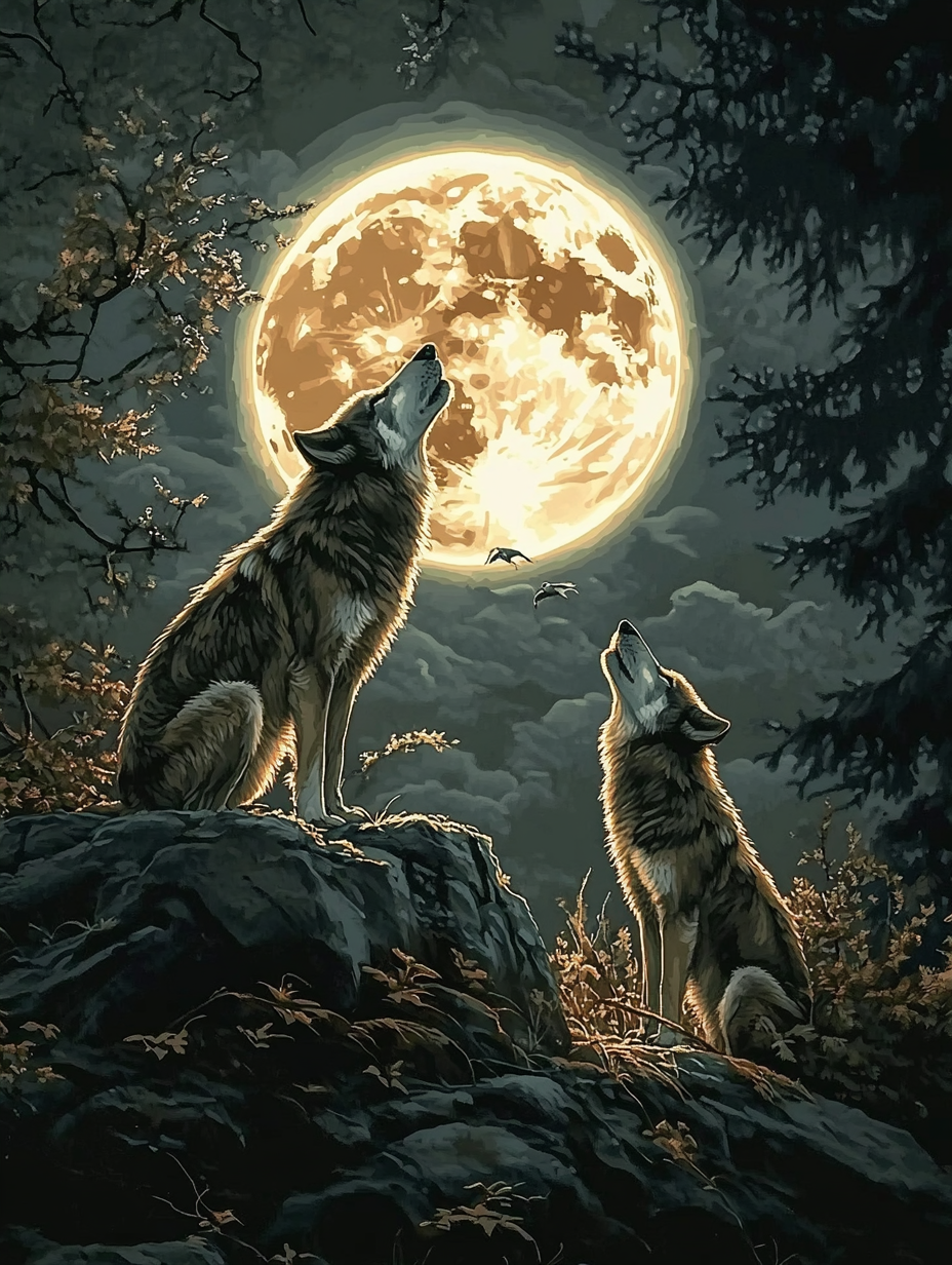 Wolves Howling, Golden Moon (Diamond Painting) Diamond Painting kit