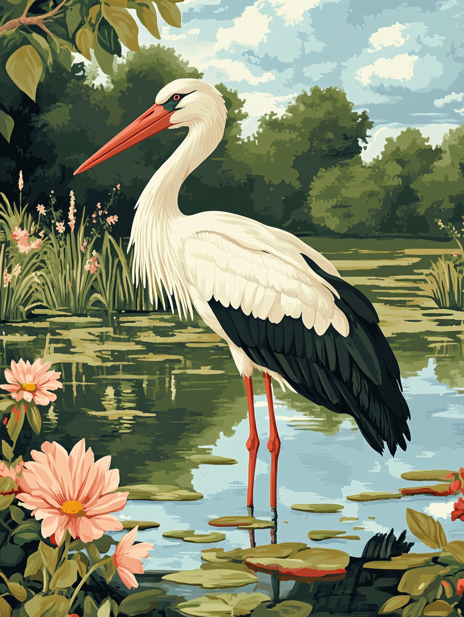 White Stork, Lily Pond Flowers (Diamond Painting) Diamond Painting kit