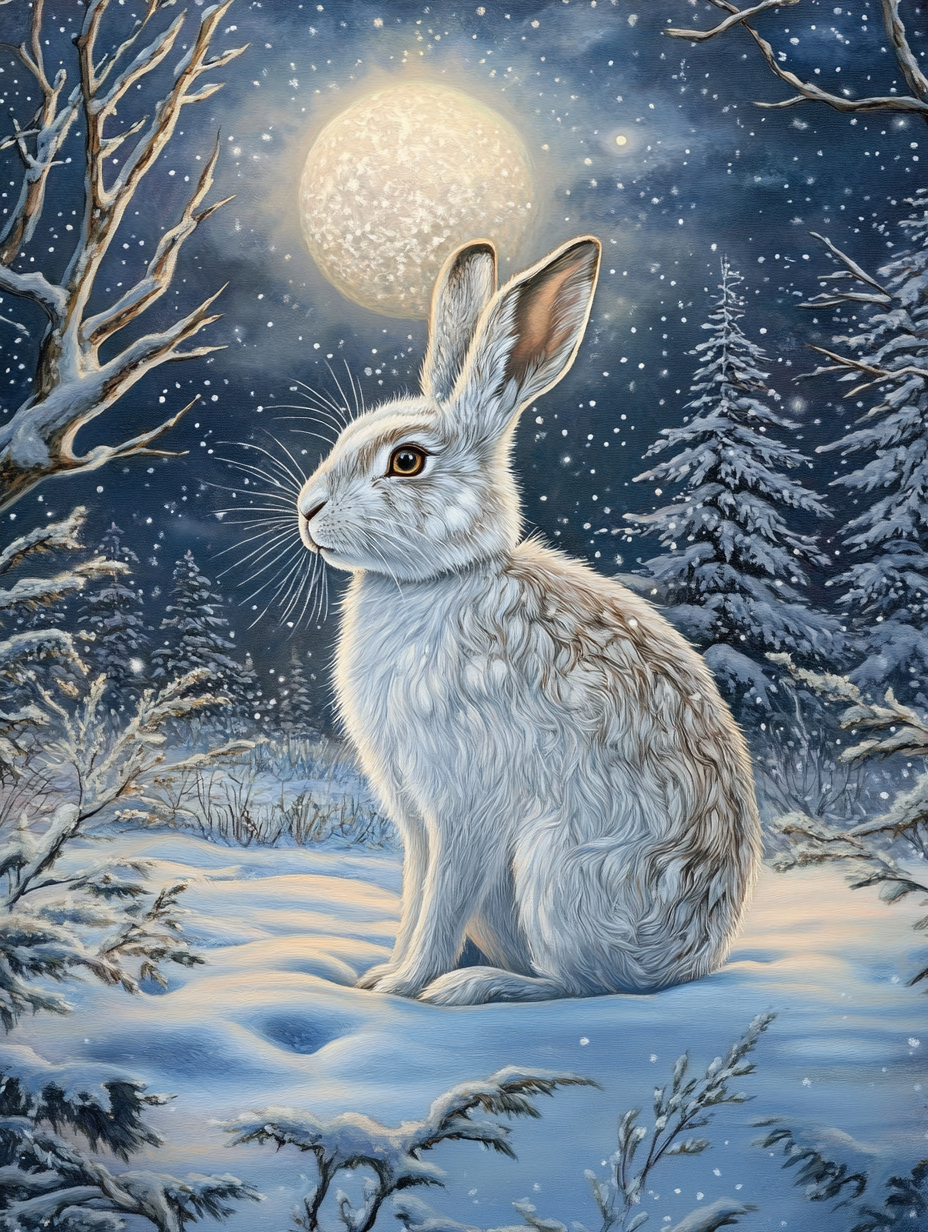 White Rabbit, Snowy Forest Night (Diamond Painting) Diamond Painting kit