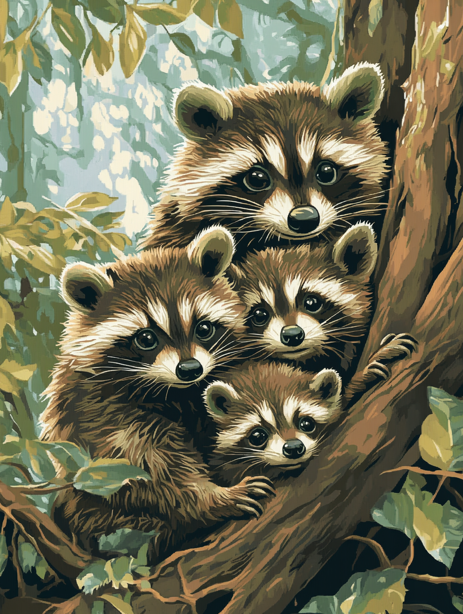 Raccoon Family, Tree Huddle (Diamond Painting) Diamond Painting kit