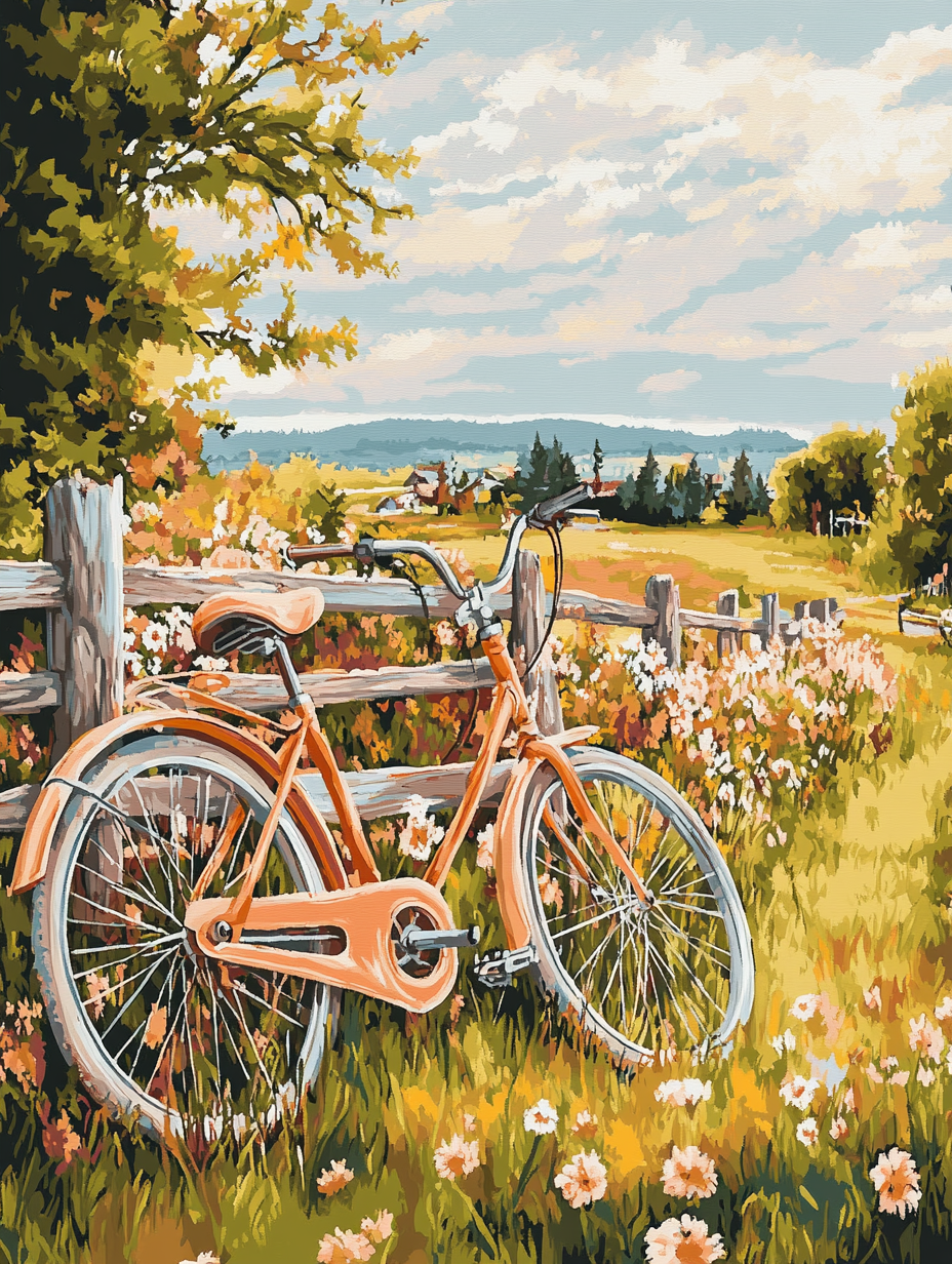 Orange Bicycle, Flower Field (Board Canvas)