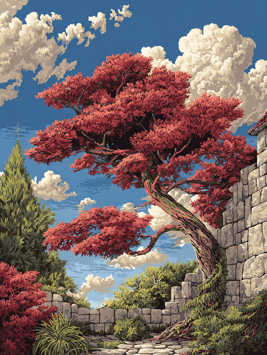 Red Tree by the Wall (Diamond Painting) Diamond Painting kit