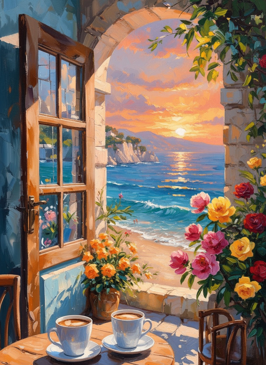 Sunset Coffee by the Sea (Board Canvas)