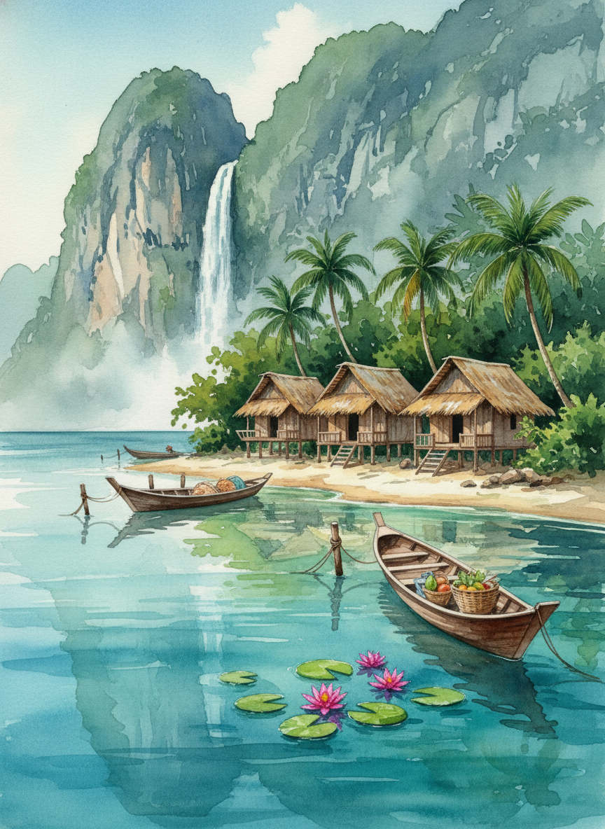 Cottages beneath the Waterfall (Diamond Painting) Diamond Painting kit