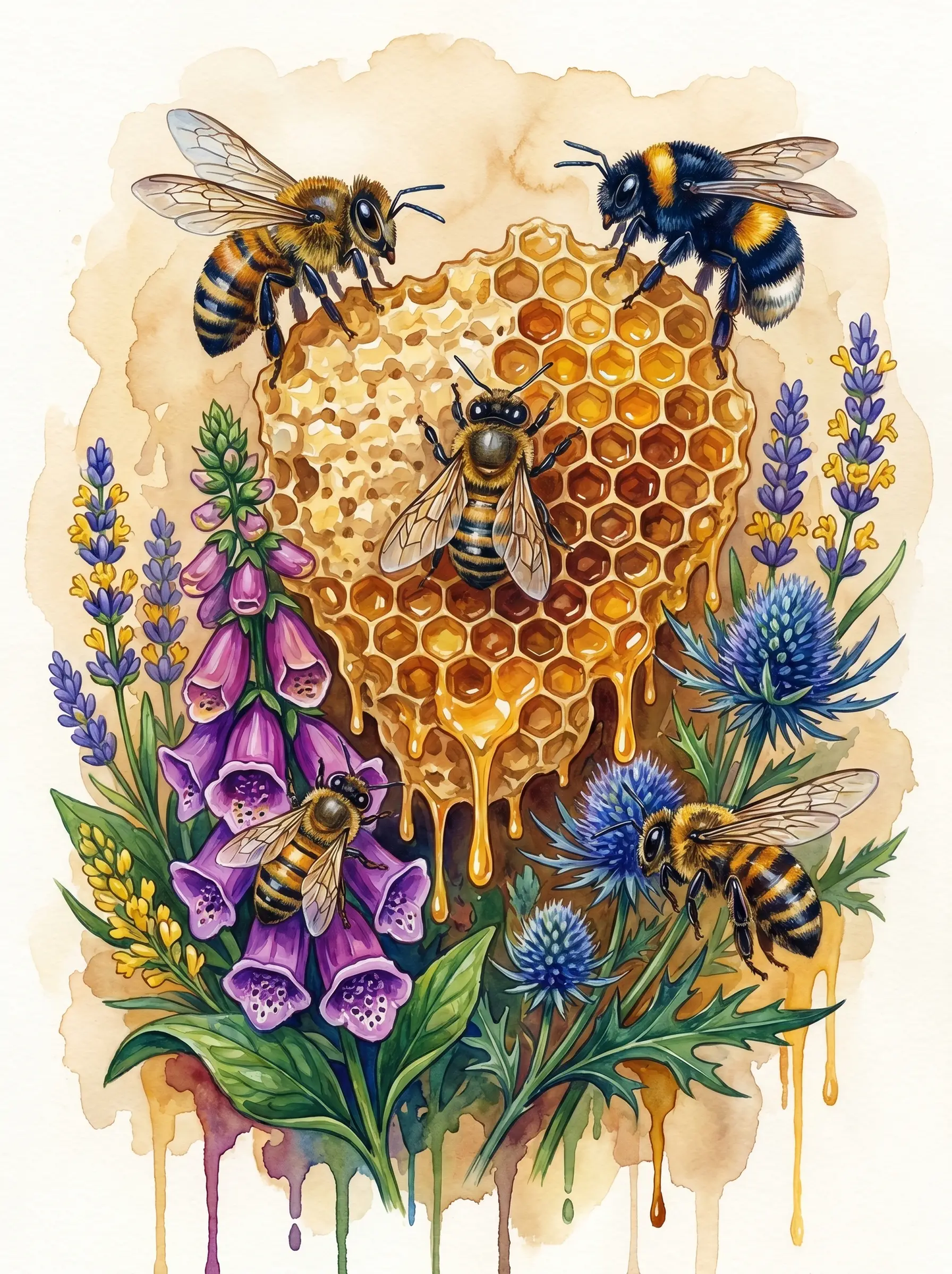 Bee Honeycomb Wildflower Watercolor (Diamond Painting)