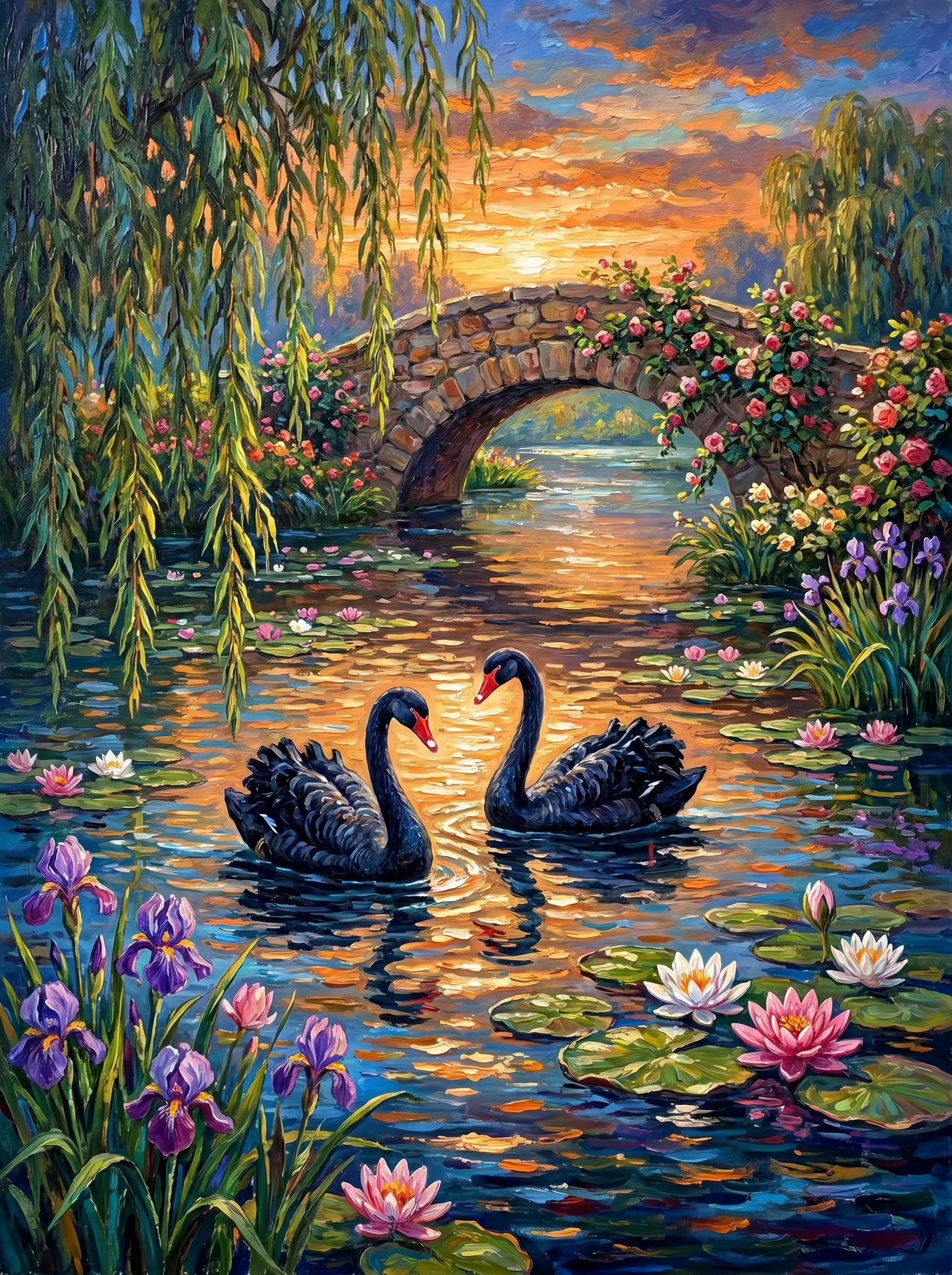 Black Swans Bridge Sunset (Diamond Painting)