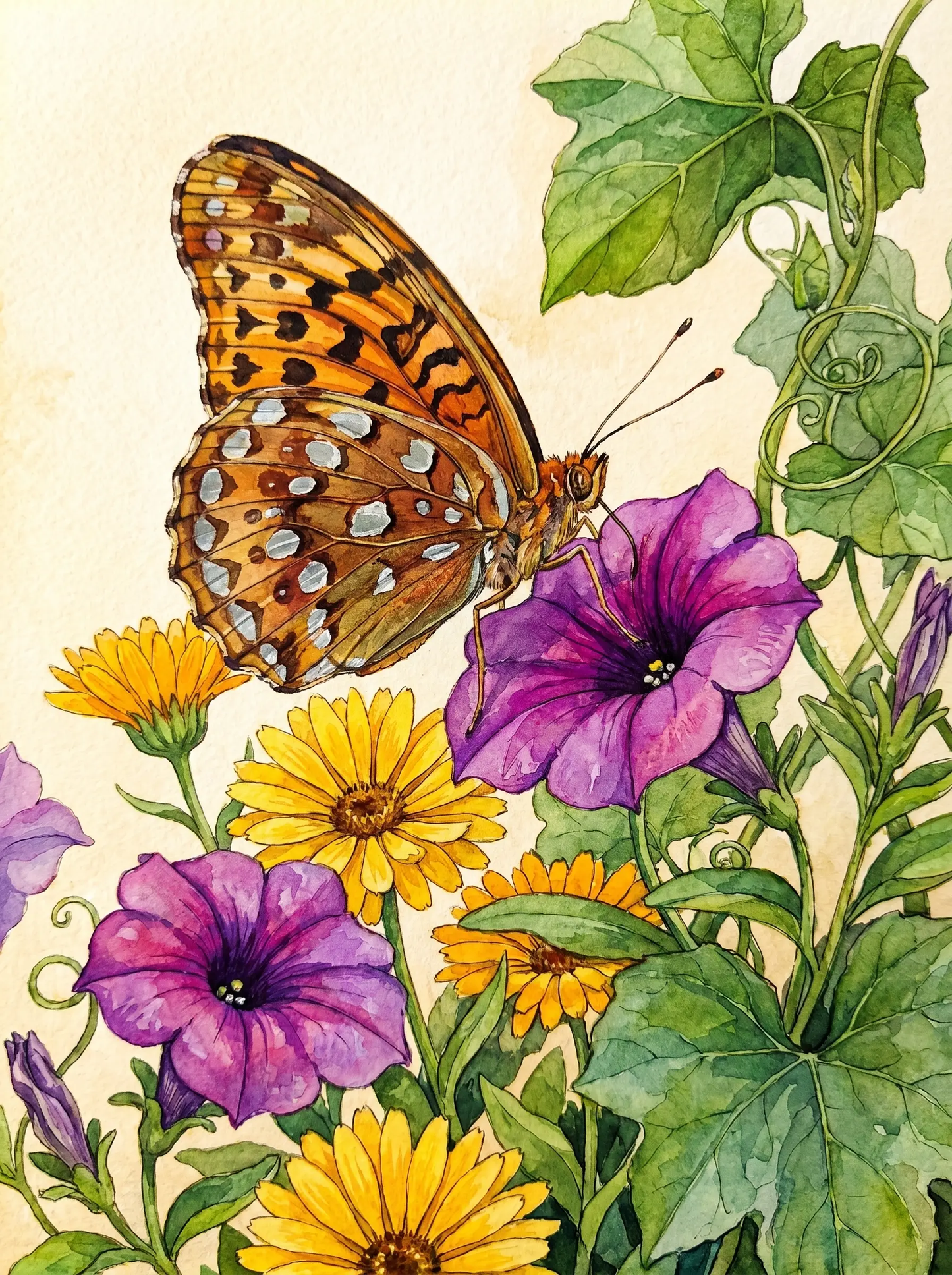 Butterfly Petunia Daisy Watercolor (Diamond Painting)