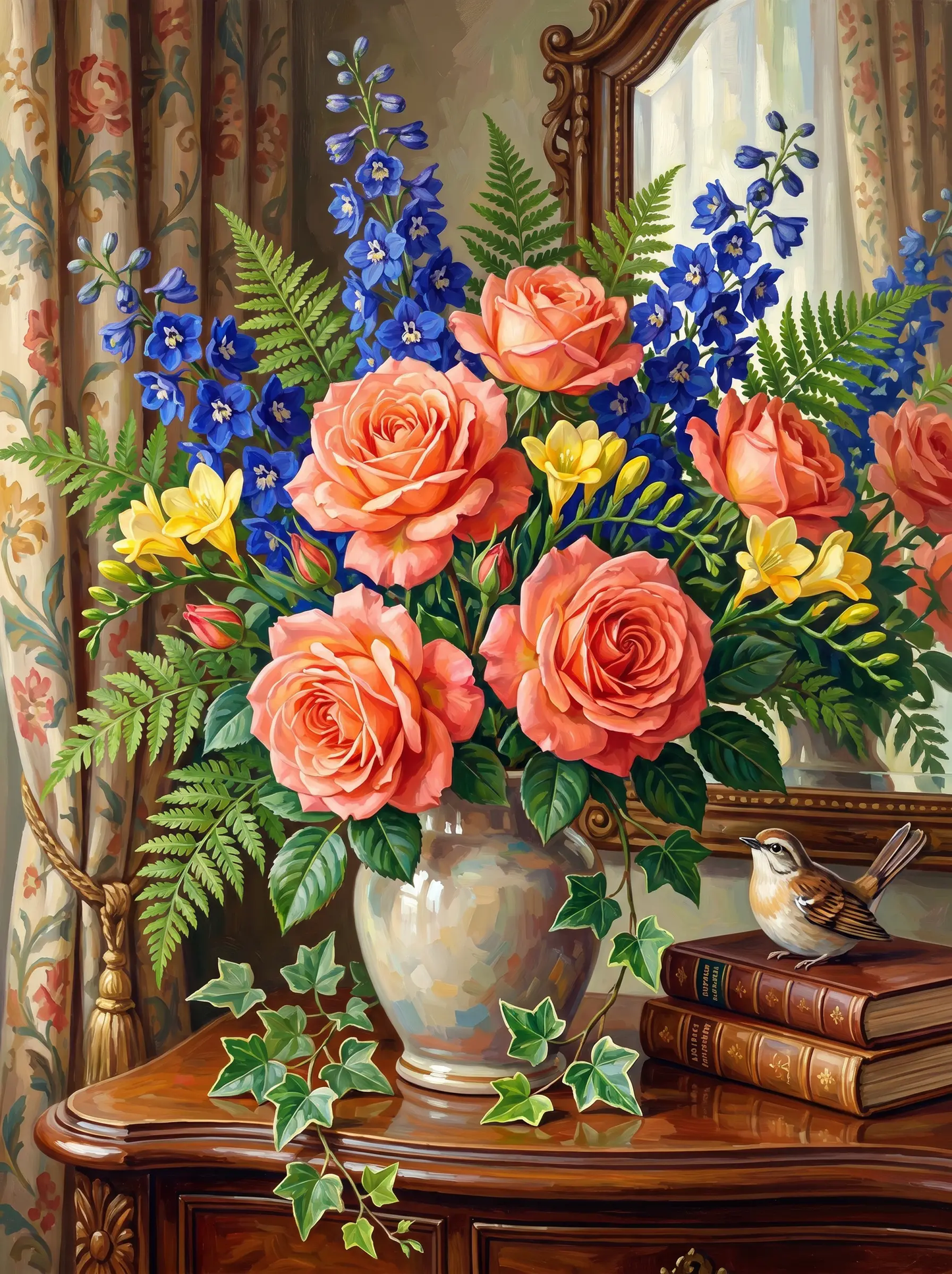 Coral Rose Delphinium Vase Still Life (Diamond Painting)