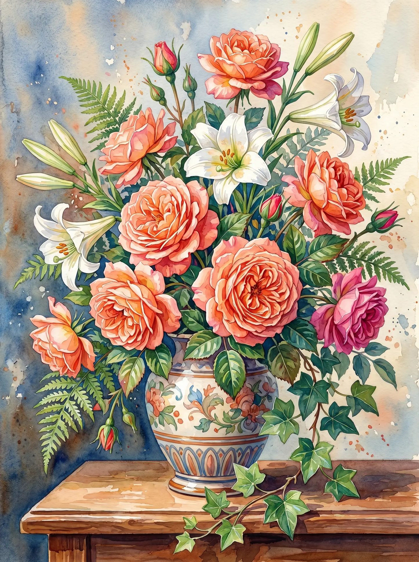 Coral Rose Lily Vase Watercolor (Diamond Painting)