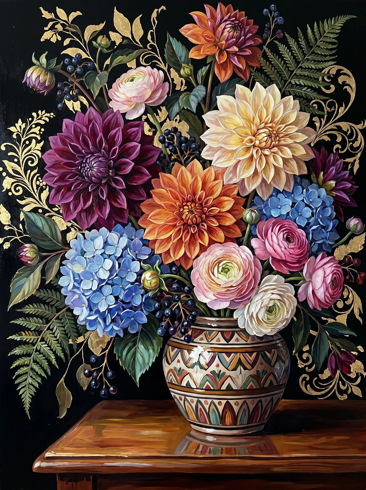 Dahlia Ranunculus Patterned Vase (Diamond Painting)