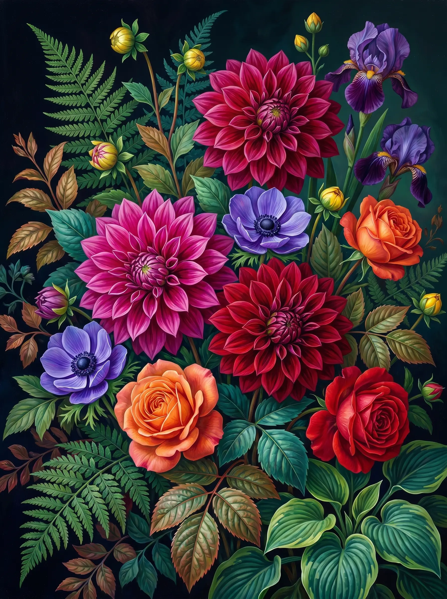 Dahlia Rose Bouquet Dark (Diamond Painting)